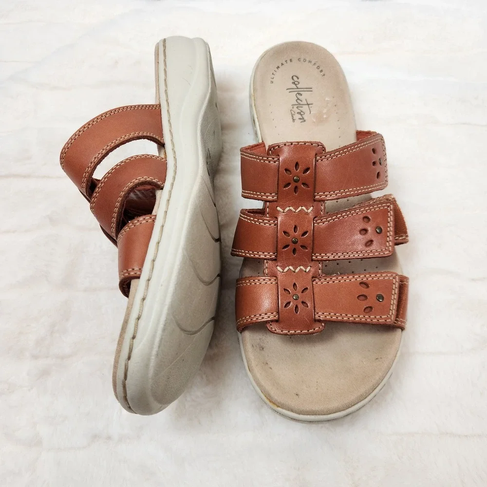 Clarks Collection Leisa Janna Tan Leather Slide Sandals Womens Sz 8 M Adjustable